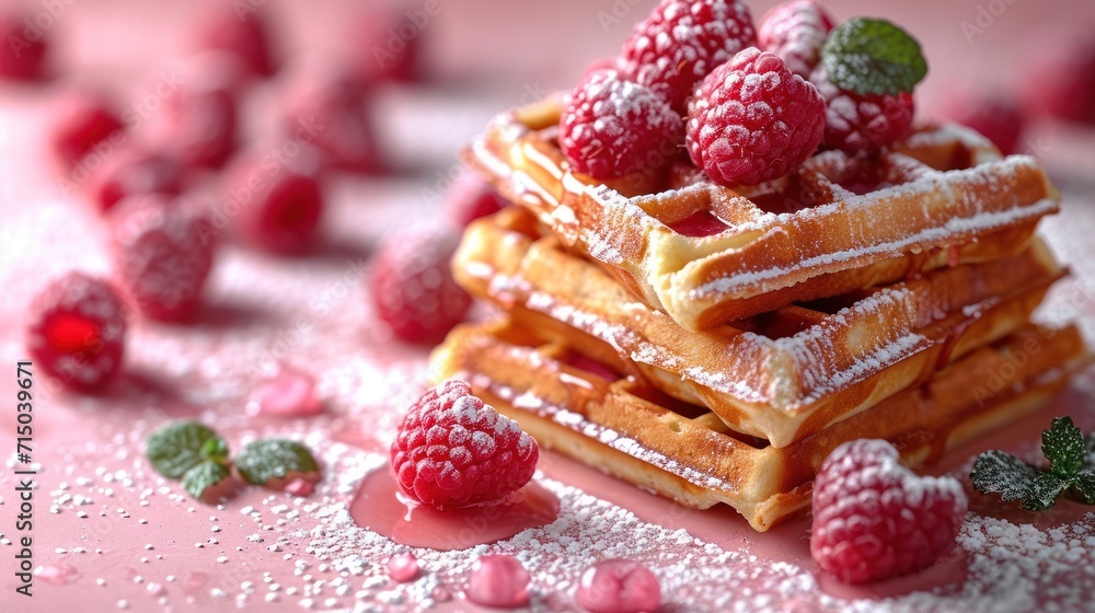Poster a stack of waffles topped with raspberries and powdered sugar on a pink surface with raspberries sca