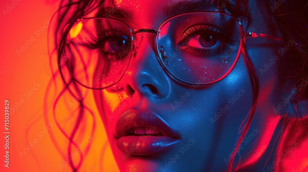 Canvas Prints  a close up of a woman's face with red and blue light coming from her eyeglasses and her hair blowing in the wind and her hair blowing in the wind.