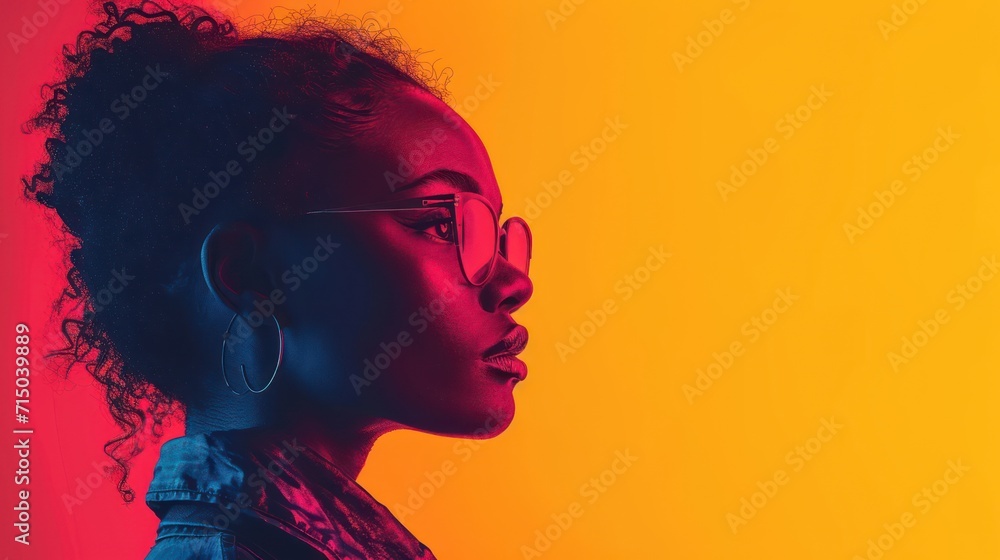 Poster a close up of a person with a pair of glasses on their face and an orange and red background with a 