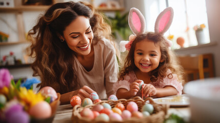 Portrait of a woman and a young child with bunny ears, smiling and engaging in Easter festivities, likely painting Easter eggs - obrazy, fototapety, plakaty