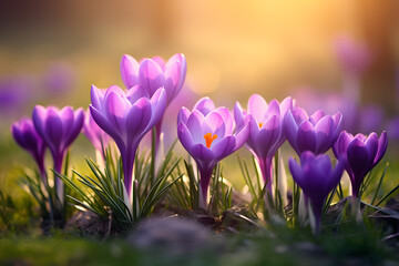 Purple crocus spring flowers blooming during early spring