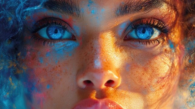  a close up of a woman's face with blue eyes and frecks of paint all over it's face and a tongue sticking out of her tongue.