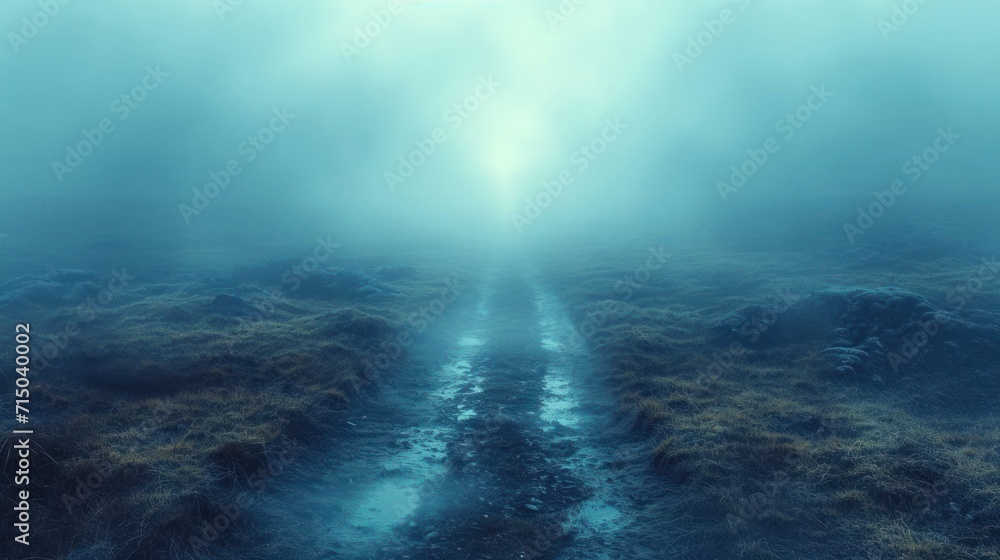 Poster a path in the middle of a field in the middle of a foggy day with a light coming from the end of the
