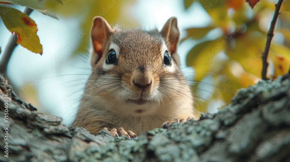 Poster a close up of a squirrel in a tree looking at the camera with a blurry background of leaves and bran