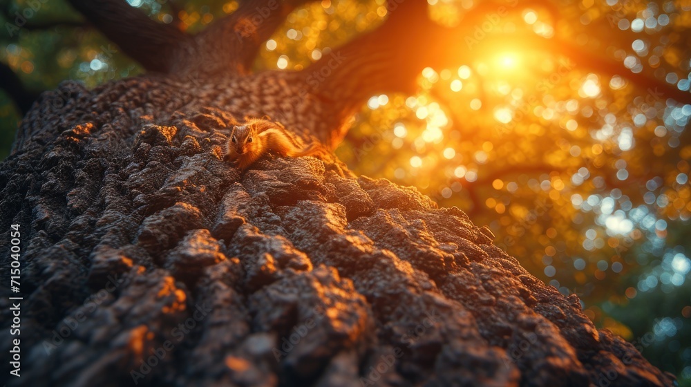 Poster a close up of a tree trunk with the sun shining through the trees in the backgrouds of the tree trun