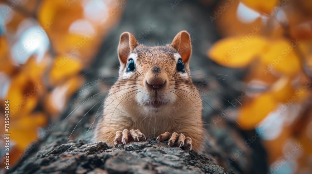 Poster a close up of a small rodent on a tree branch looking at the camera with a blurry background of leav