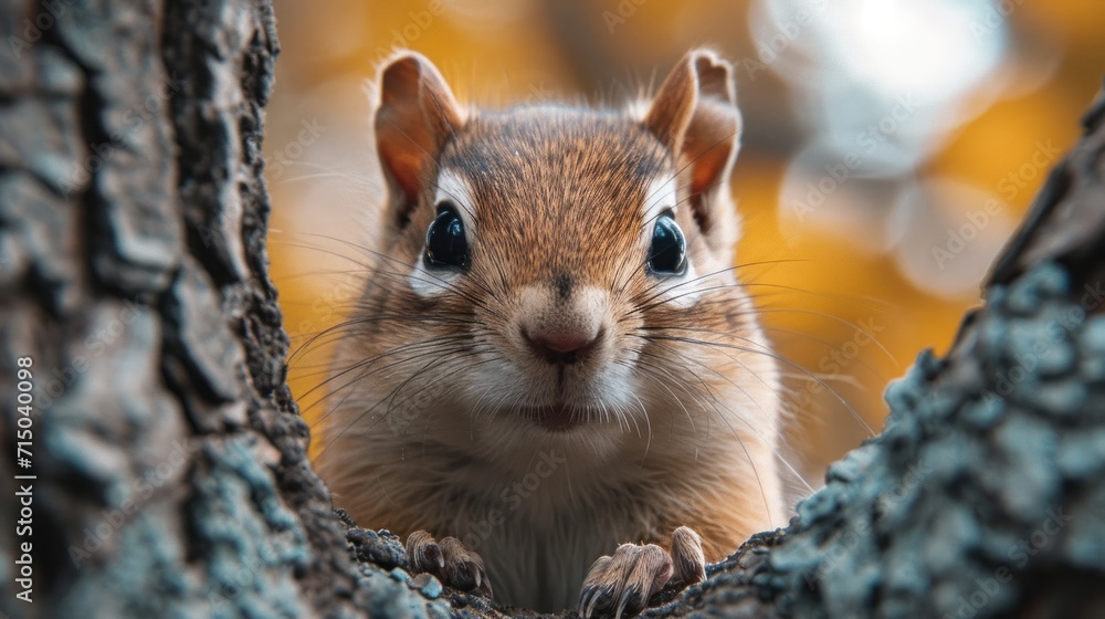 Aufkleber a close up of a squirrel peeking out of a hole in a tree with a blurry background of leaves and a bl