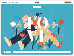 Fototapeta na wymiar Valentine: Literary Love - modern flat vector concept illustration of a couple enjoying a book together in a serene natural setting. Metaphor for shared interests and intellectual harmony