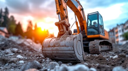 Excavator on construction site at sunset, earthmoving equipment