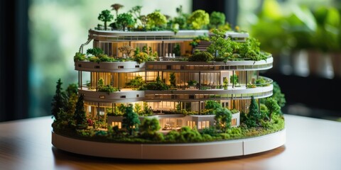 An ecological apartment building miniature model on a table with blurred background. Urban garden future design