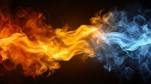 Abstract fire and ice flames intertwining on dark background