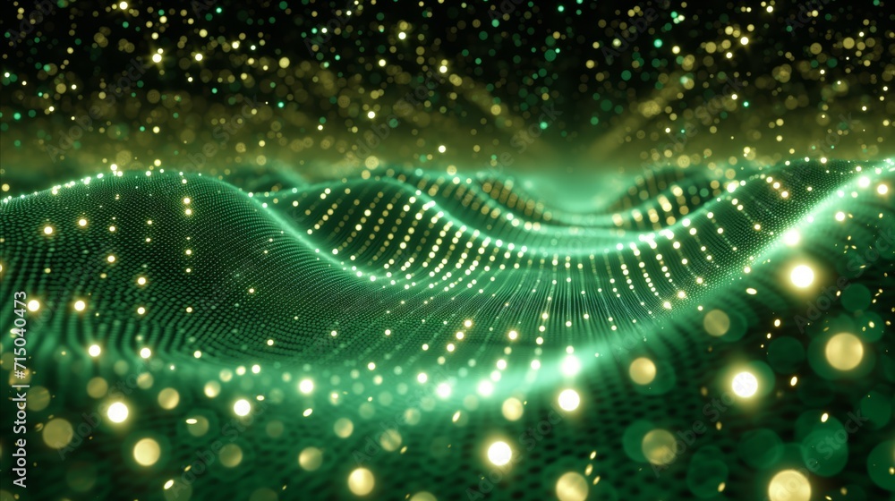 Poster abstract glowing particles in a wave pattern on digital landscape