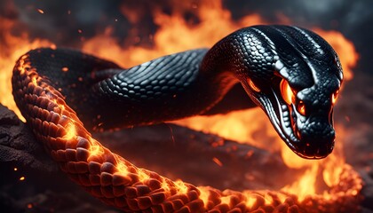 a large snake with flames in it's mouth and tongue - obrazy, fototapety, plakaty