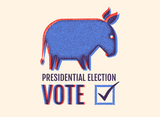 Vector vintage banner for 2024 presidential election in USA. Vector illustration of donkey from democratic party. Vote 2024.
