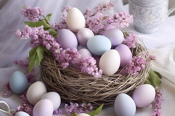 Arrangement with pastel colored easter eggs and pink flowers in nest