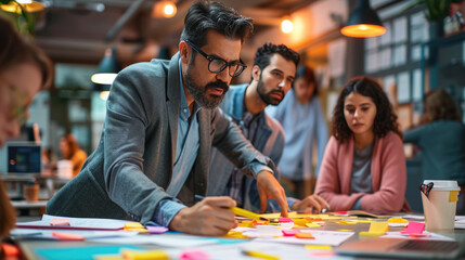 Man intently writing on a sticky note at a busy collaborative workspace, with a younger colleagues in the background