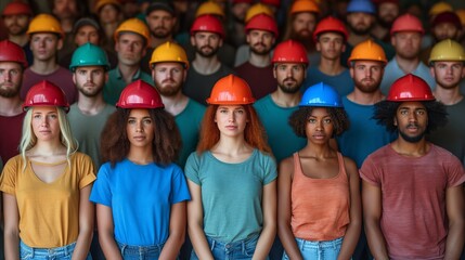 Diverse group of people wearing safety helmets standing together