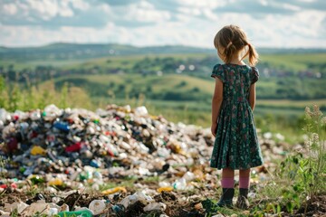 A little girl observing a huge pile of plastic waste. Environmental impact. Conservation Education. Earth Protection