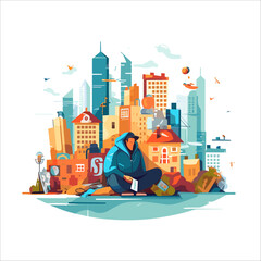 Homeless man sitting on the street in the shadow of the building and begging for help and money ILLUSTRATION