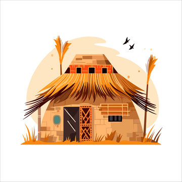 TRADITIONAL TRIBAL HOUSE WITH STRAW ROOF FLAT VECTOR
