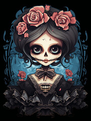 T-shirt design, Gorgeous kawaii skeleton heroine with a Halloween mask in the style of ray caesar created with Generative Ai