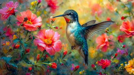 Naklejka premium Hummingbird Among Flowers