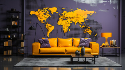 Modern Room with World Map Wall