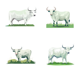 white ox in meadow cartoon vector art illustration set