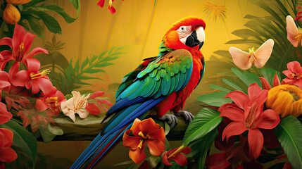 Tropical Rainforest with Parrot background, capturing the exotic flora and fauna of the rainforest, with a focus on a brilliantly colored parrot in its natural habitat Ai Generative