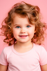 Naklejka premium Happy Little Girl Portrait. Joyful Child in a Pink World