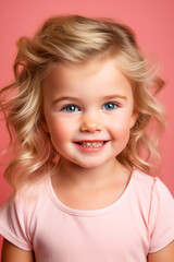 Happy Little Girl Portrait. Joyful Child in a Pink World
