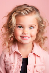 Fototapeta premium Happy Little Girl Portrait. Joyful Child in a Pink World