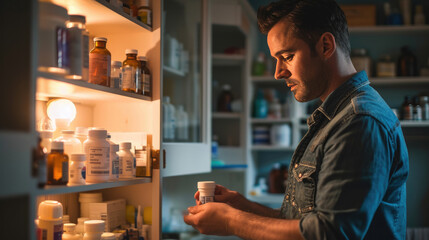 Man is closely examining a medicine bottle he is holding, standing in front of a medicine cabinet filled with various bottles and containers.