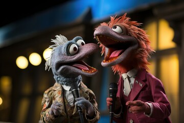 Two puppet characters with microphones engaging in a lively conversation, one in a camouflage jacket and the other in a formal purple suit