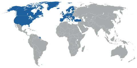 Fototapeta na wymiar North Atlantic organization member states on map of the world