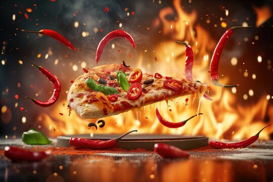 Illustration from a hot chili slice of pizza in the air, flames from a furnace in the background	

