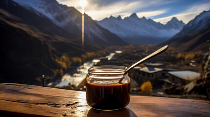 Mountain Nectar: Shilajit in Morning Light Against the Majestic Hunza Peaks