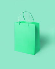Green paper shopping bag on green background. Shopping sale delivery concept. Packaging gift.