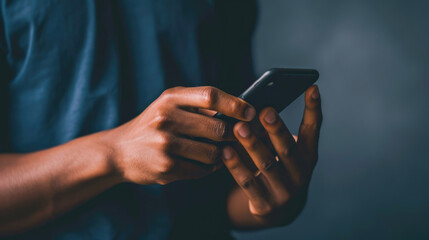 Person's hands are shown using a smartphone, with the focus on the hands and the phone