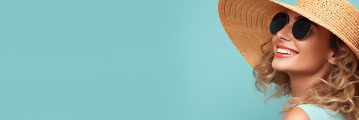 Happy woman in straw hat and sunglasses on blue background