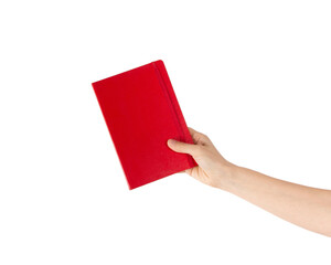 Closeup of woman hand showing red notebook, holding textbooks or organizers, education, reading...