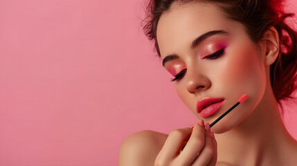 Perfect Lipstick Application, Vibrant Makeup Look, Beauty in Pink, Fashion Makeup, Makeup Photography, Copyspace,