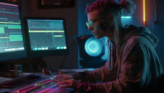 Cyberpunk music producer sitting in front of a computer showing ableton live