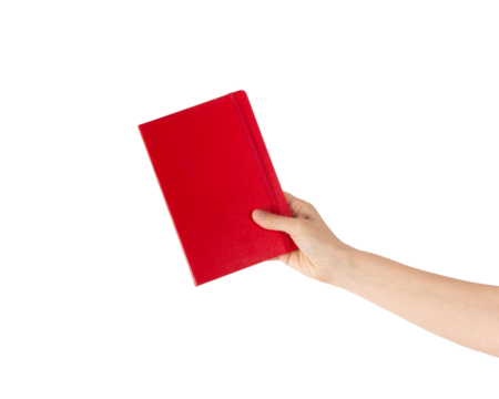 Closeup of woman hand showing red notebook, holding textbooks or organizers, education, reading literature. Indoor studio shot isolated on transparent png background with clipping paths. 