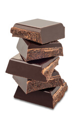 Cut squares of chocolate bar, dark chocolate pieces stacked isolated