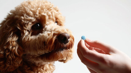 Human hand is holding a pill towards a brown curly-haired poodle