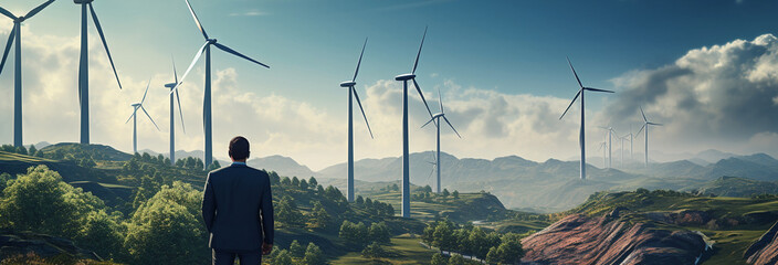 businessman walking through wind turbines