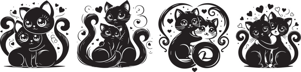 Cuddling kittens, a pair of loving cats, black and white vector graphics
