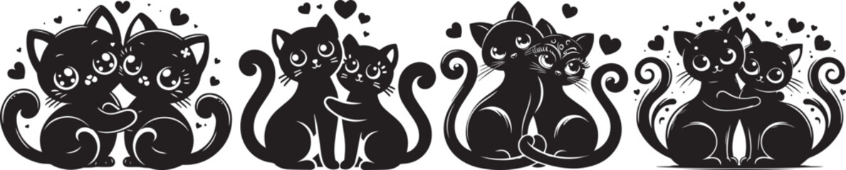 Adorable little cats, collection of set of black and white ornamental vector shapes for laser cutting and engraving