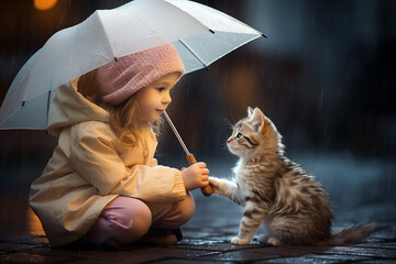 Little girl, with a heart full of empathy, offers comfort and nourishment to a small, lost kitten in the rain.